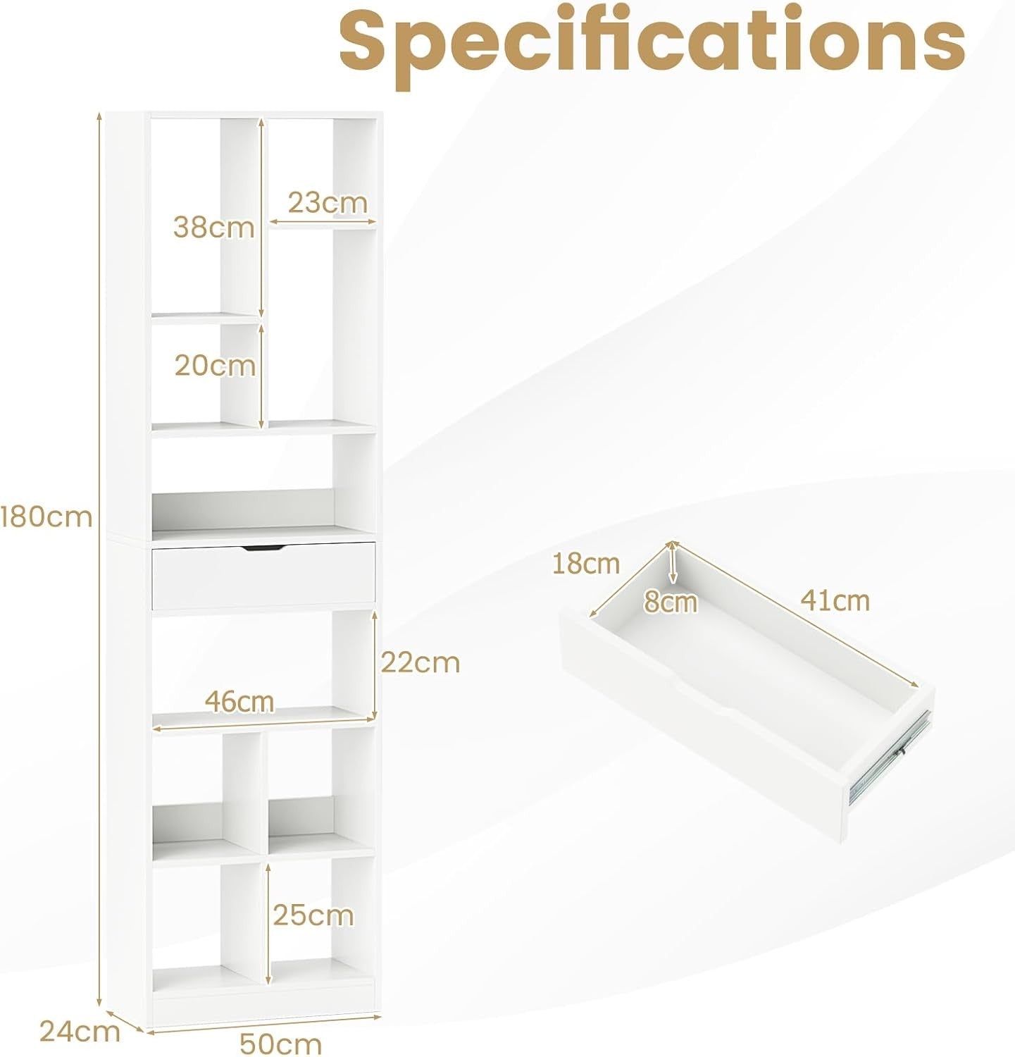 Tall Geometric Bookshelf with Drawer, 180cm Modern Display & Storage Unit
