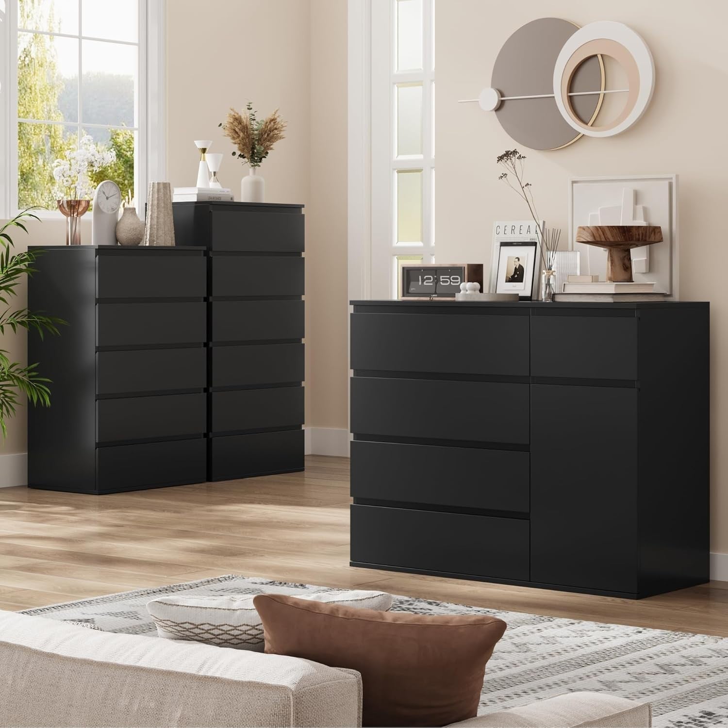 Black Chest of Drawers 5 Drawer 1 Door Cabinet Wide Storage Unit 100cm