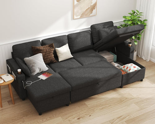 Dark Gray U-Shaped Sofa Bed with Storage, USB Ports, Cup Holders, Sleeper Couch