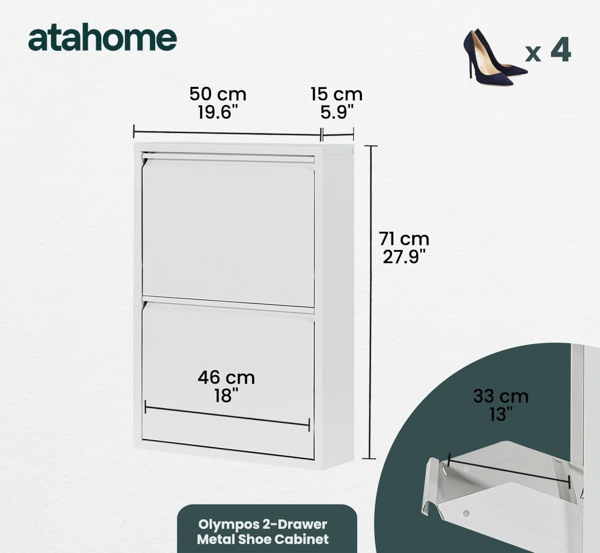 Slim Wall Mounted 2 Drawer Shoe Cabinet Metal Organizer Space Saver White