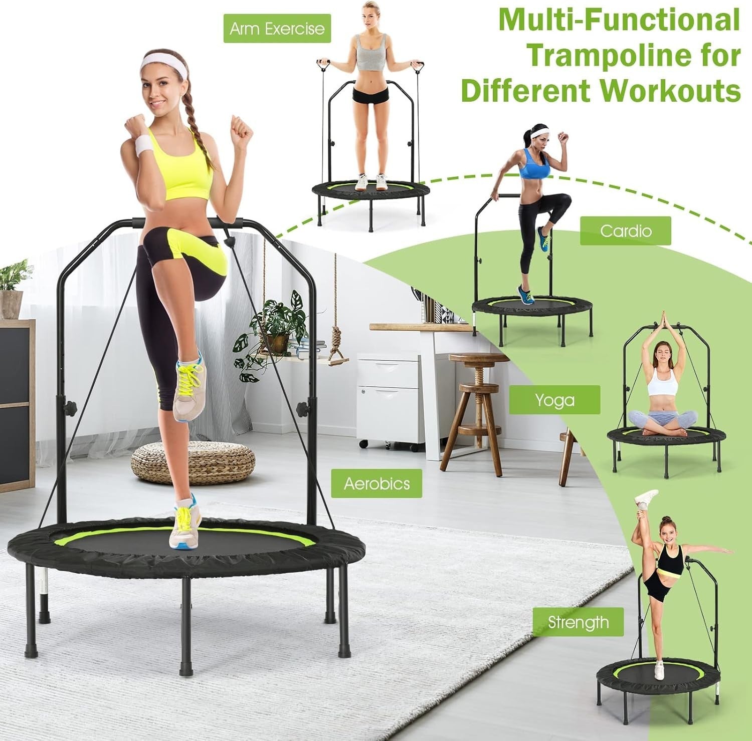 40in Foldable Fitness Trampoline Adjustable Handle Resistance Bands