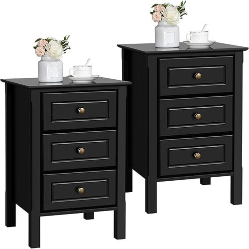 Black Bedside Tables Set of 2 | Wooden 3-Drawer Nightstands 40×40×60cm Modern