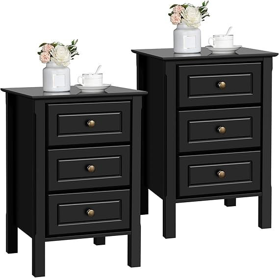 Black Bedside Tables Set of 2 | Wooden 3-Drawer Nightstands 40×40×60cm Modern