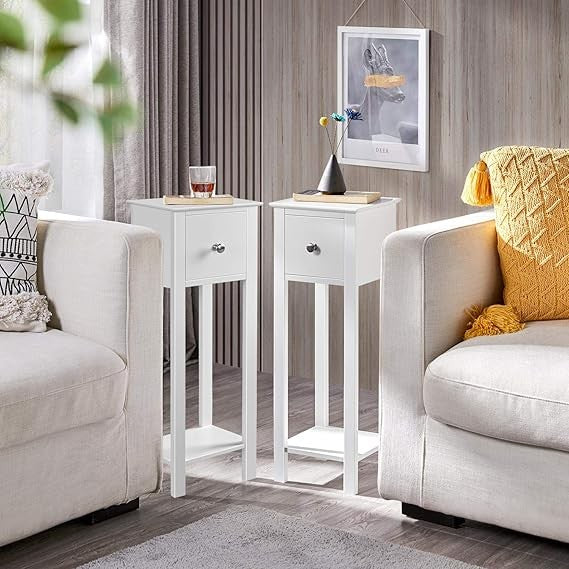 White Slim Bedside Tables Set of 2, Narrow Nightstands with Drawer & Shelf 25x25