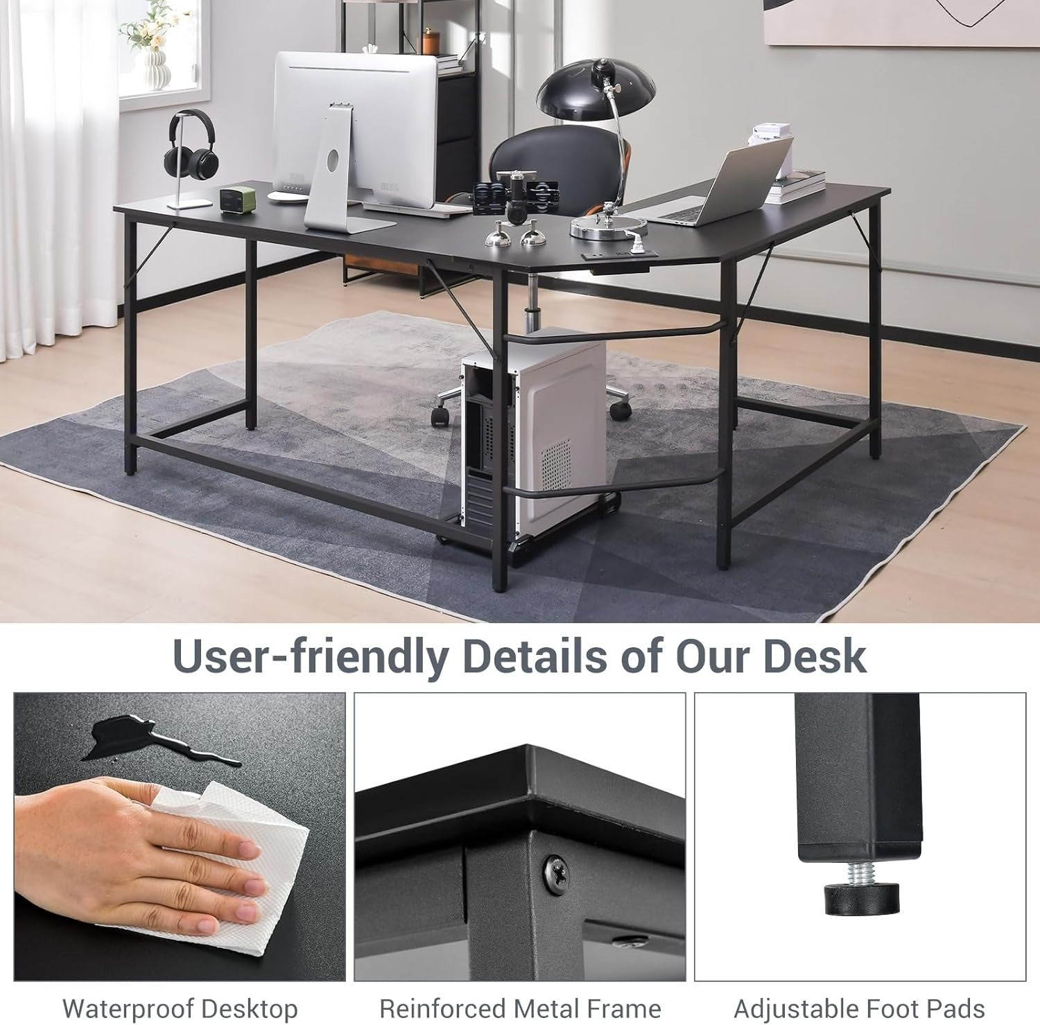 Black L-Shaped Desk 168cm Corner Computer Table with CPU Stand Office