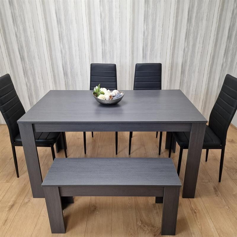 6 Seater Dark Grey Dining Table Set with 4 Chairs & Bench Faux Leather