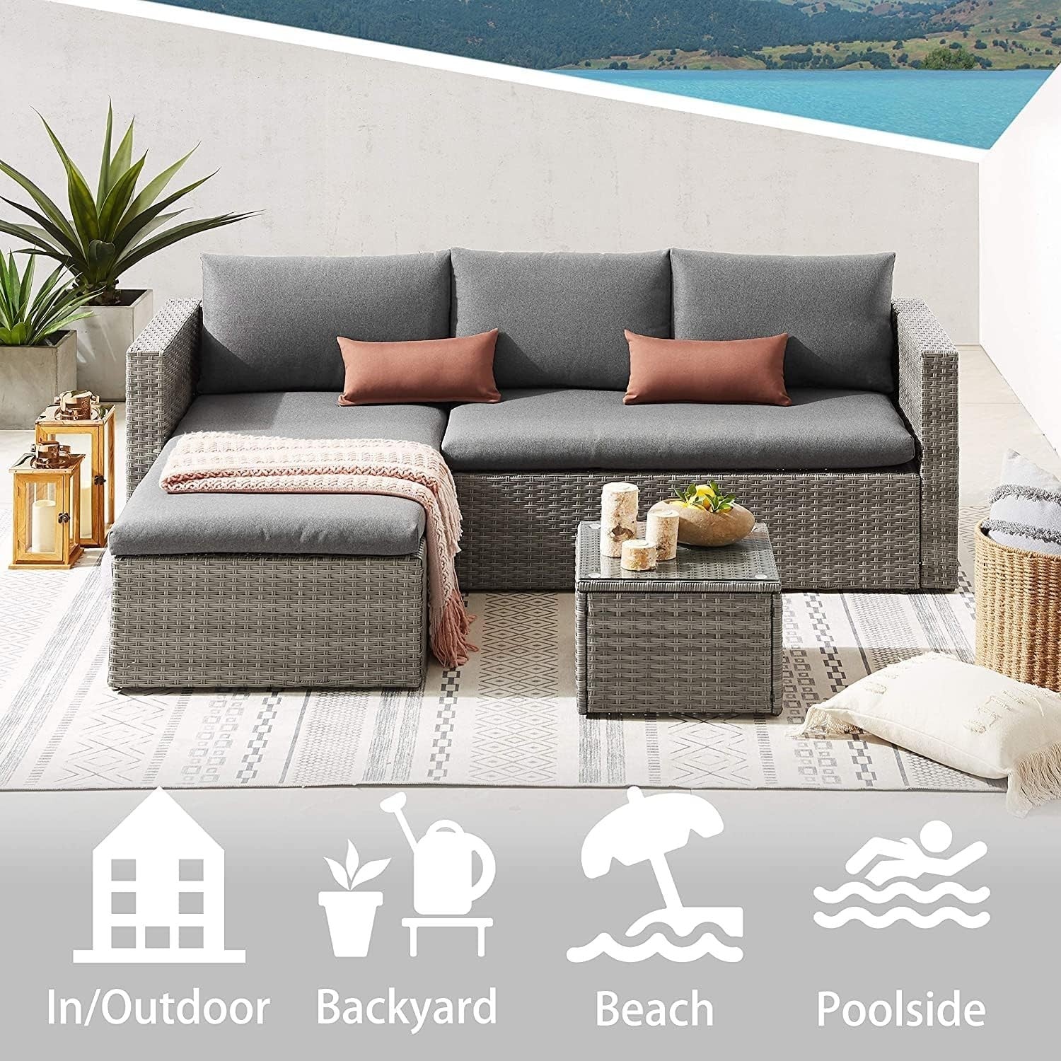 5-Piece Rattan Outdoor Garden Sofa Set with Cushions & Glass Coffee Table