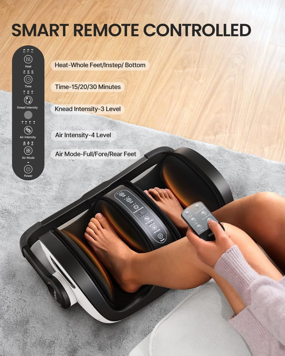 Foot & Calf Massager with Heat, Deep Kneading, Remote & Adjustable Fit