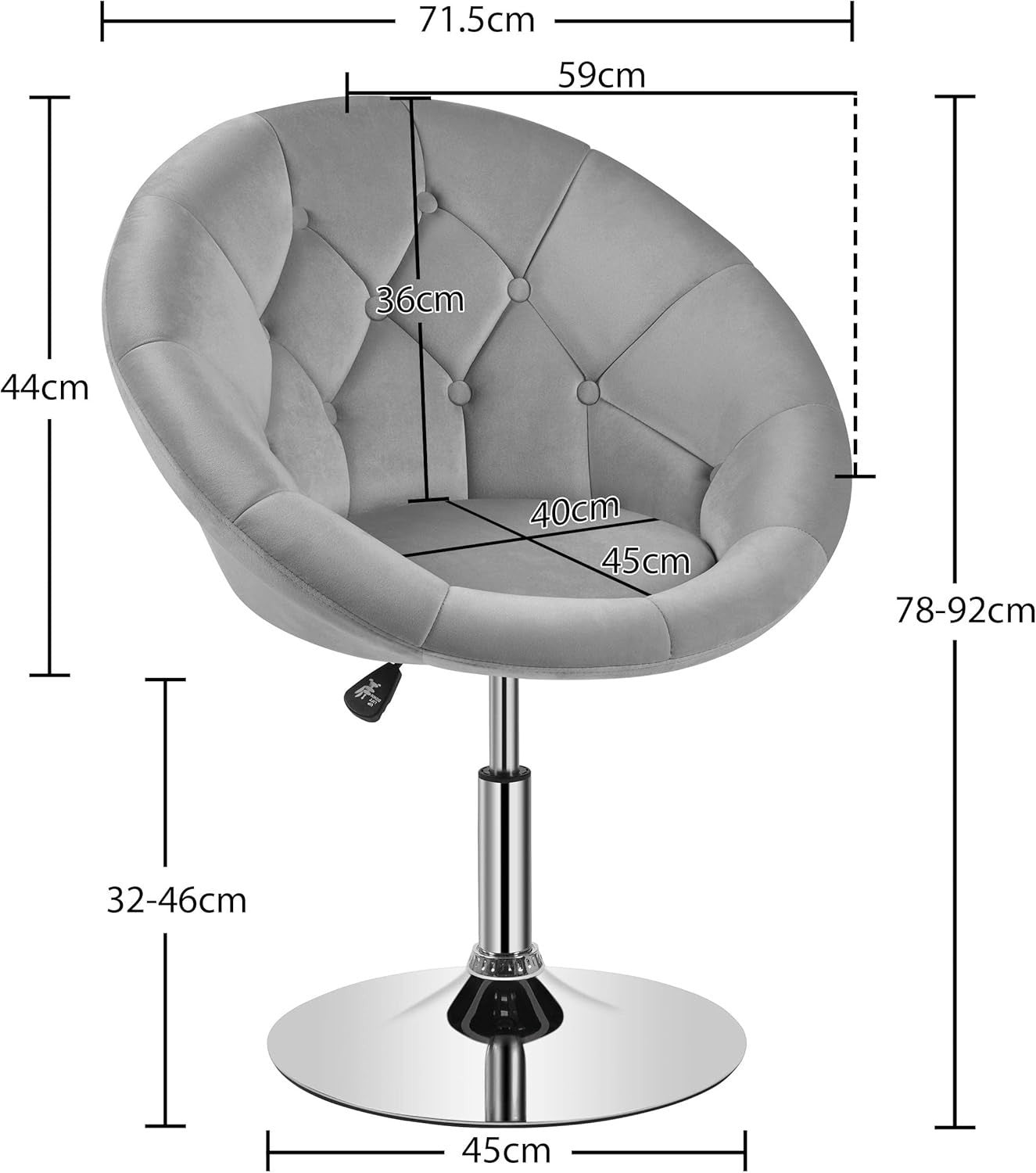 Grey Velvet Swivel Vanity Chair Adjustable Tufted Armchair for Makeup Room