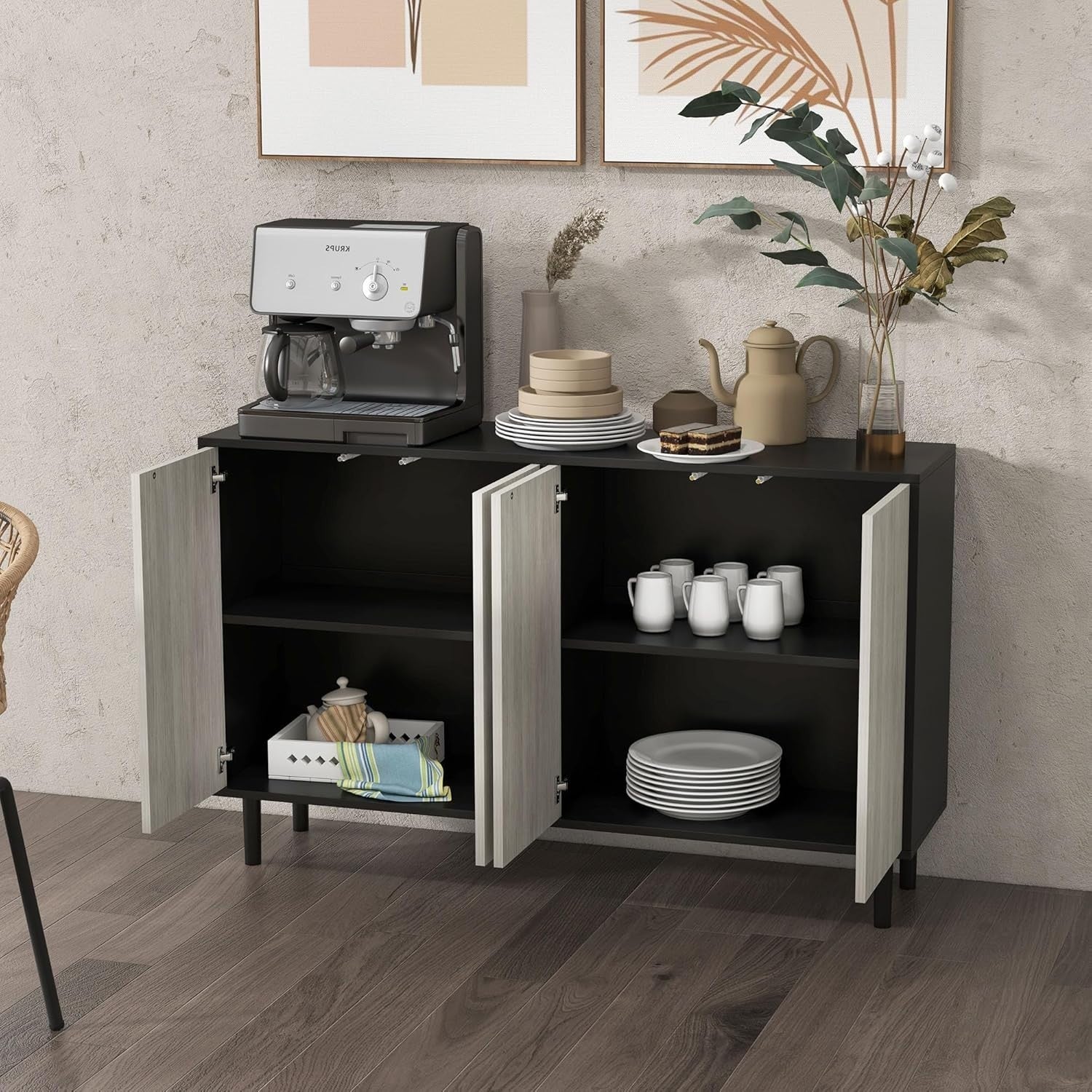 Modern Sideboard Cabinet with Adjustable Shelves, 4 Doors, Solid Wood Legs
