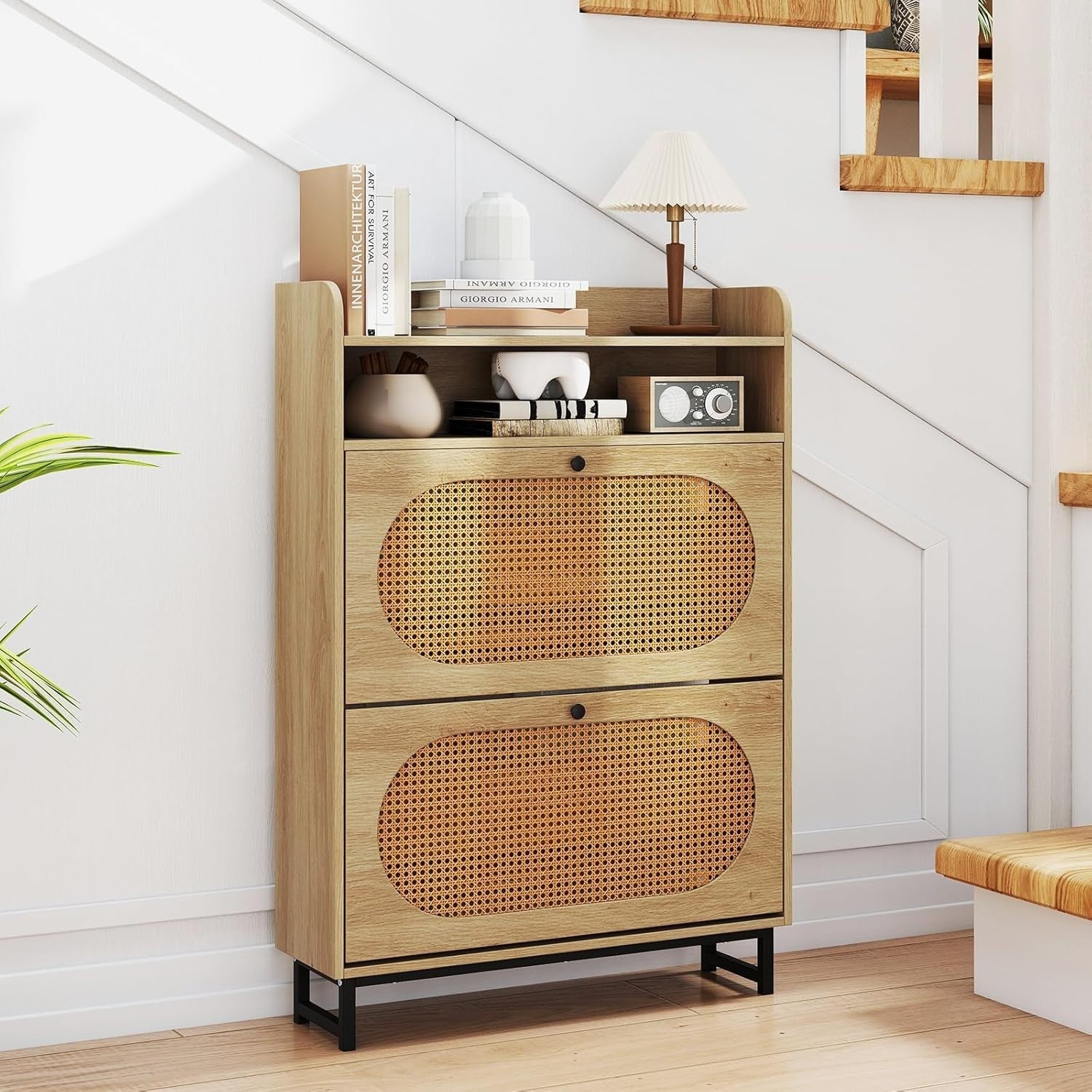 Narrow Rattan Shoe Cabinet with 2 Flip Drawers & Open Shelf 80x24x115cm