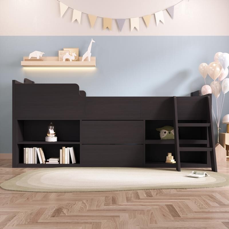 Kids Cabin Bed Mid Sleeper with Drawers Shelves Taupe 3FT Storage Wooden Frame