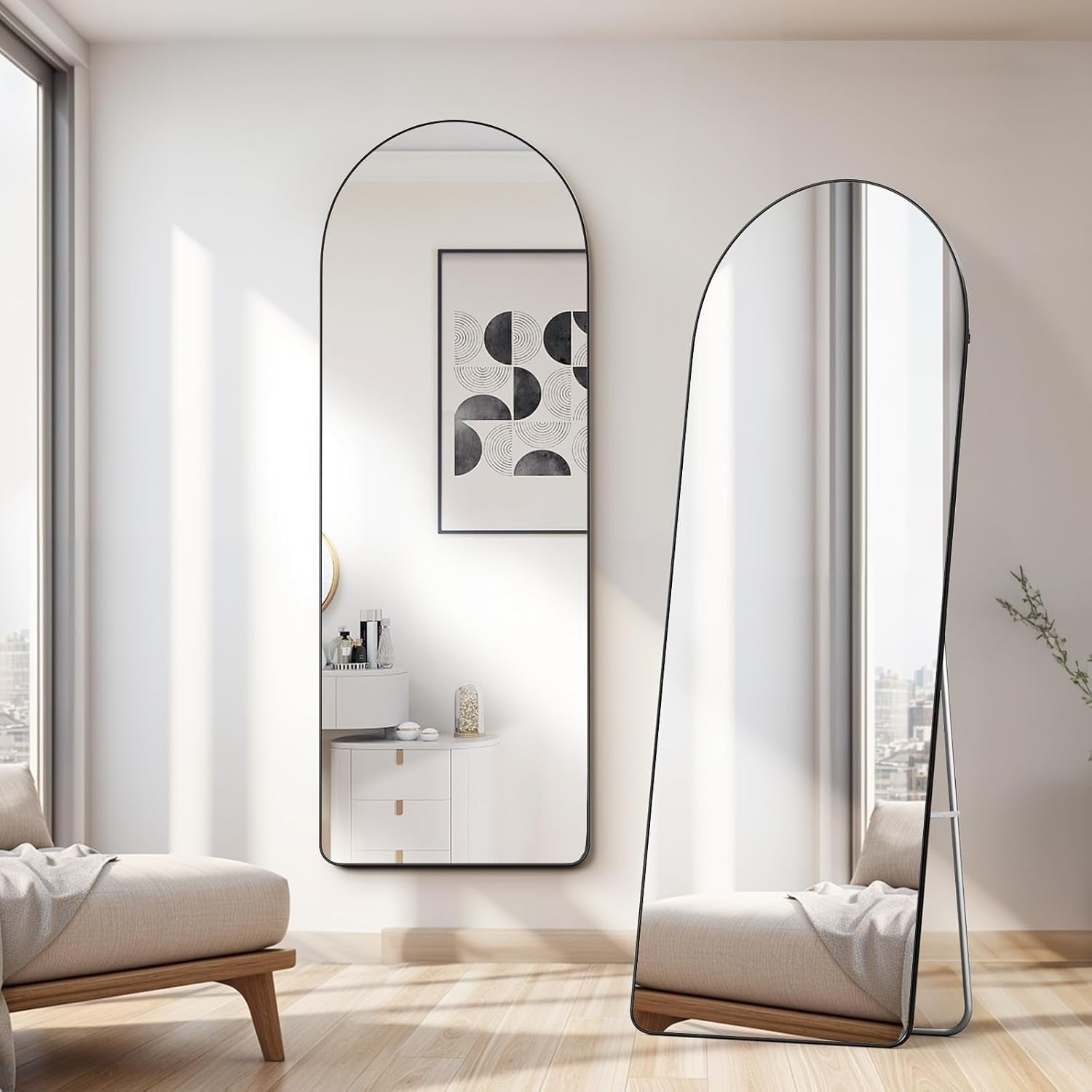 Large Arch Floor Mirror 165x60cm Leaning Full Body Wall Mirror Black Frame