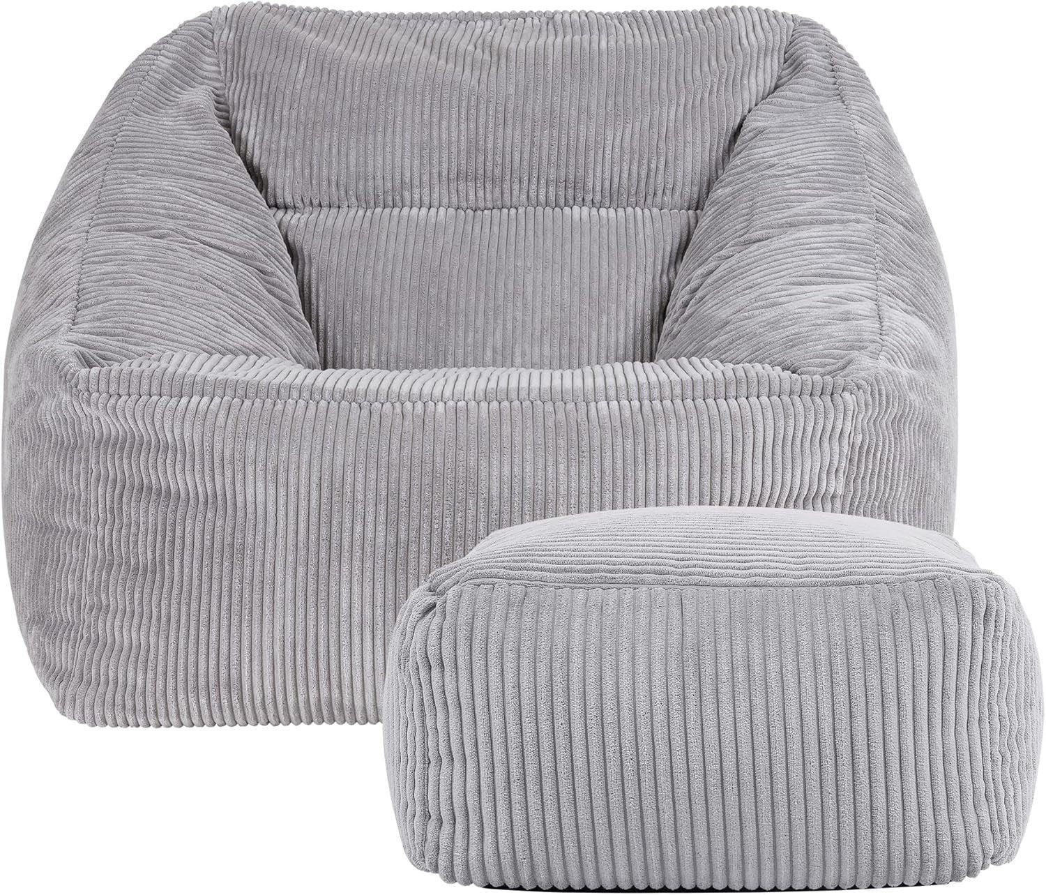 Grey Cord Bean Bag Chair with Footstool Lounge Sofa Adult Seat Filled