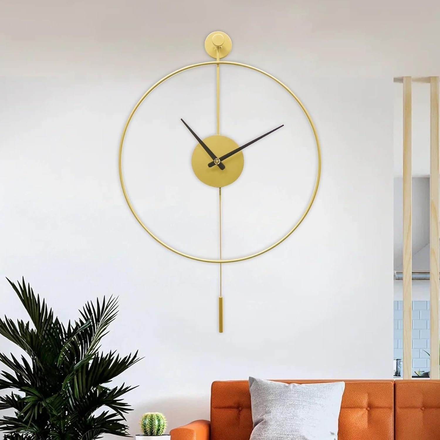 Luxury Silent Wall Clock Gold 20" Modern Metal Decor w/ Pendulum Home