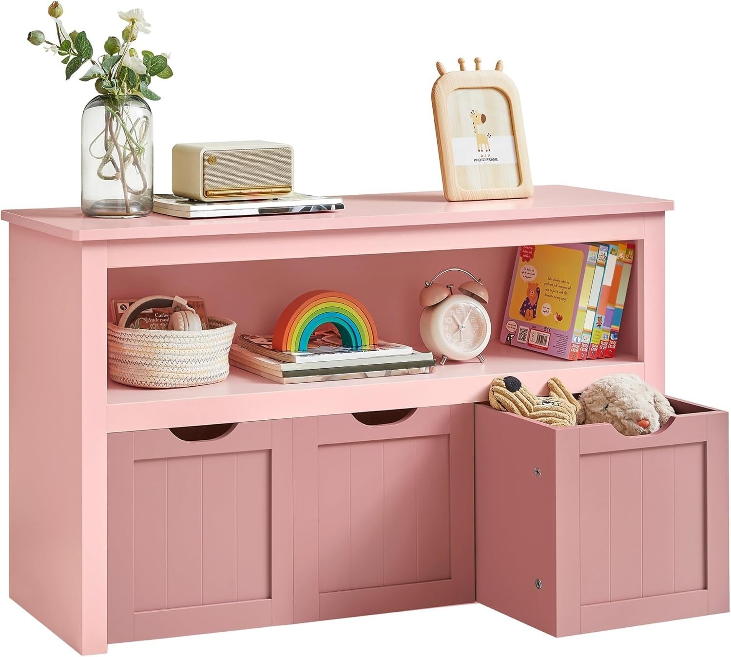 Kids Toy Storage Cabinet with Wheels Pink – 3 Drawer Bookcase Unit