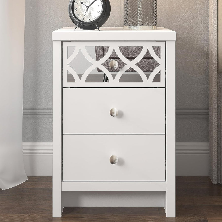 White 3 Drawer Bedside Table with Mirrored Panel, Modern Bedroom Cabinet 59x39cm