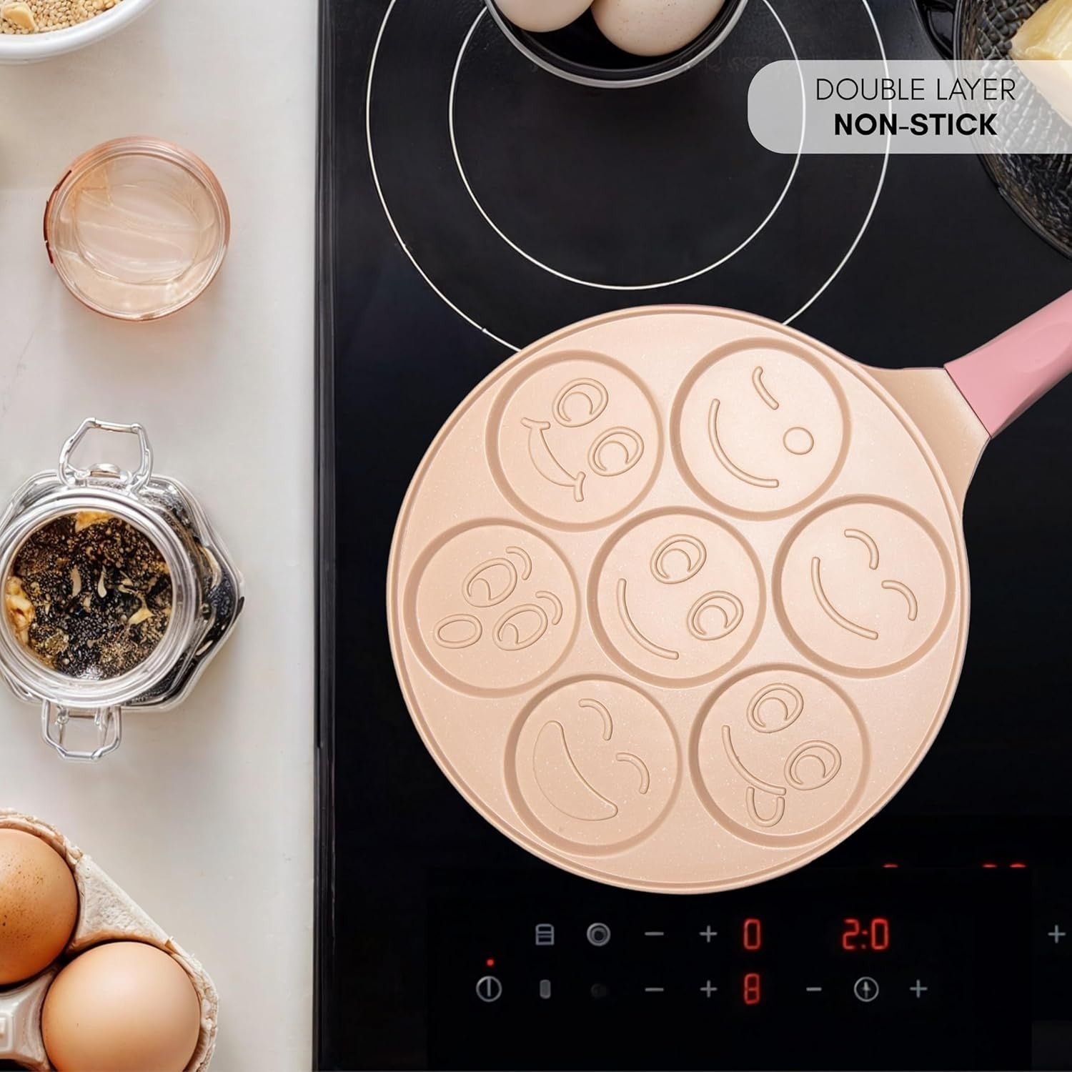 Pink 7 Smiley Pancake Pan 26cm Non-Stick Crepe Maker Induction Safe Soft Grip