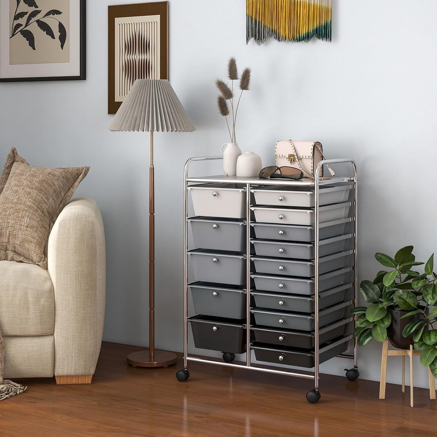 15 Drawer Rolling Storage Trolley Gradient Black Utility Organizer Cart