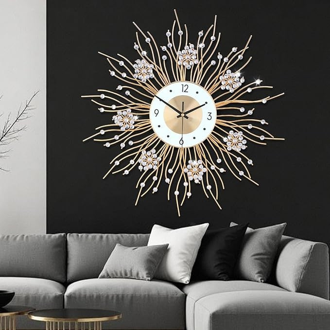 Large Sunflower Wall Clock 50cm Silent Modern Luxury Metal Crystal Home Decor