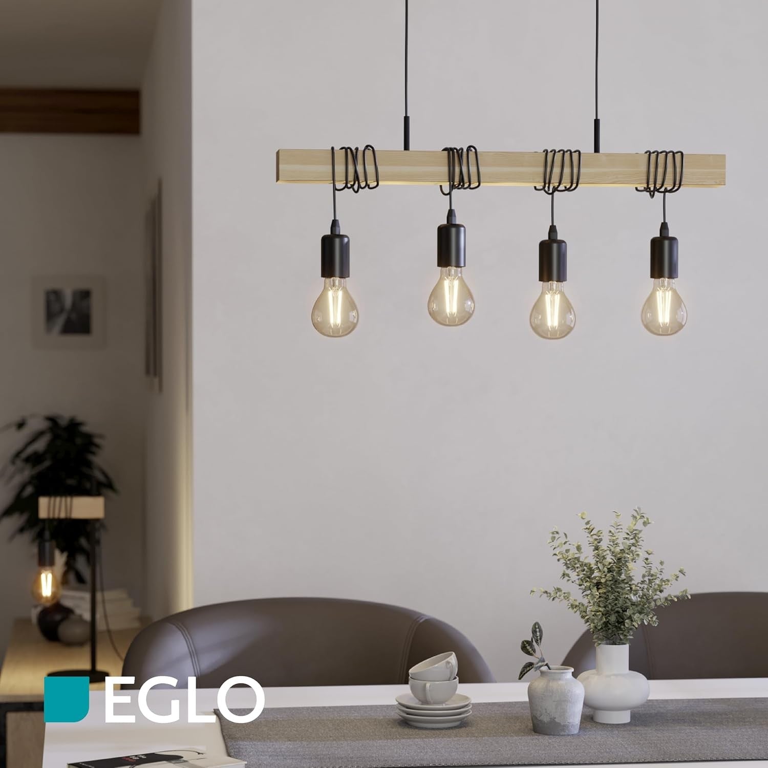 4 Light Wooden Pendant Ceiling Light Vintage Industrial E27 Bar Hanging