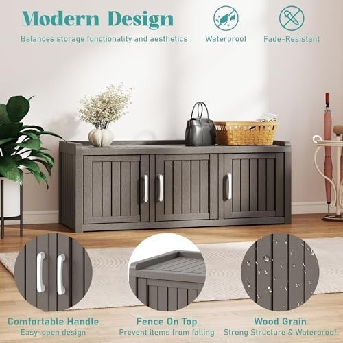 Waterproof Outdoor Shoe Storage Cabinet Bench 3 Door Resin Grey