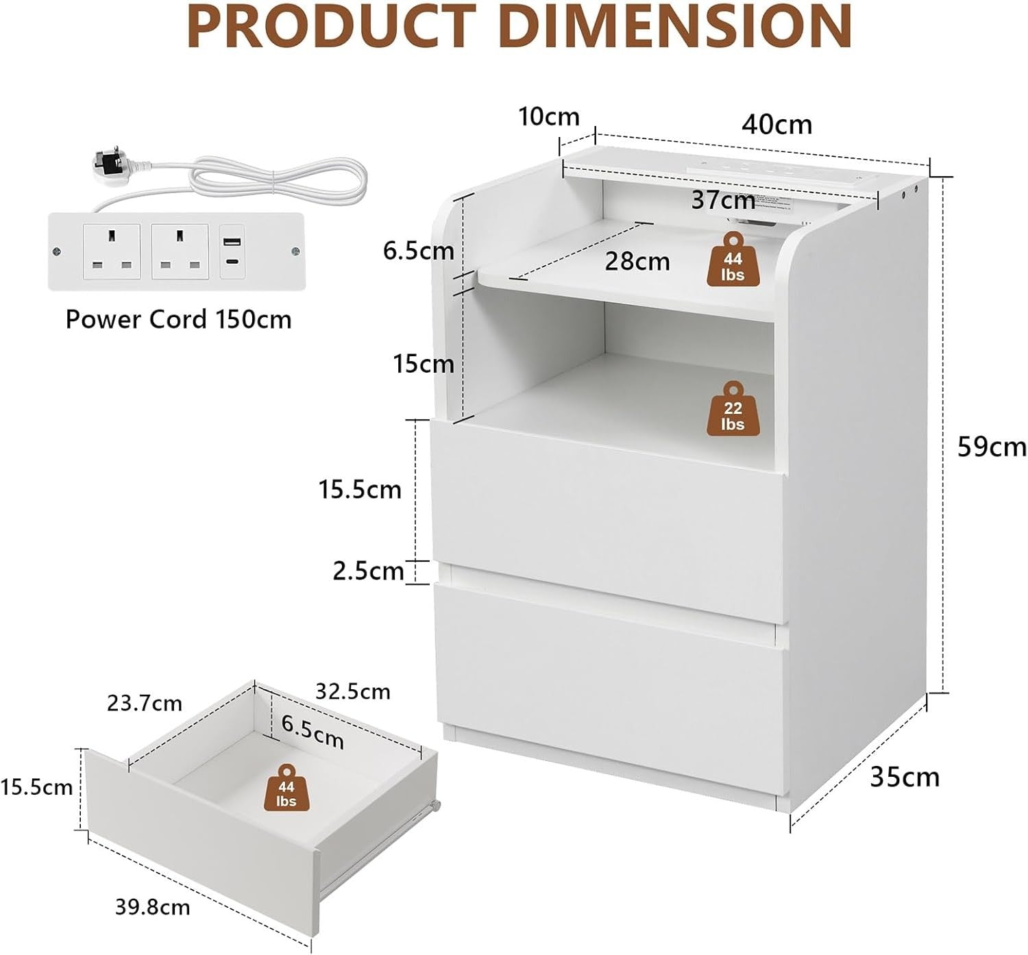 White Bedside Table with Charging Station – Modern Nightstand w/ Drawers & LED S