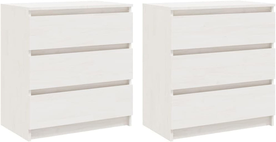 Set of 2 White Pine Bedside Tables with 3 Drawers | Modern Wood Nightstands