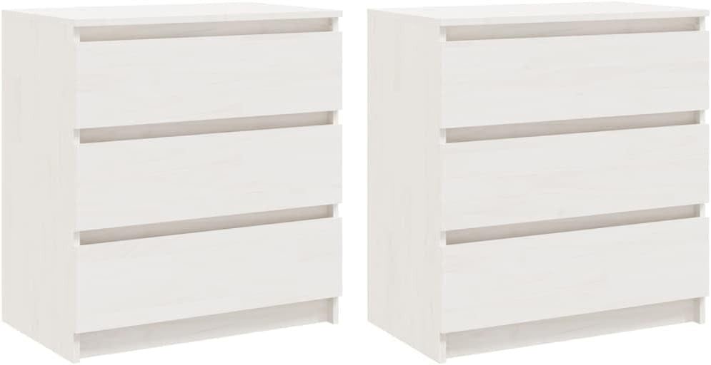 Set of 2 White Pine Bedside Tables with 3 Drawers | Modern Wood Nightstands