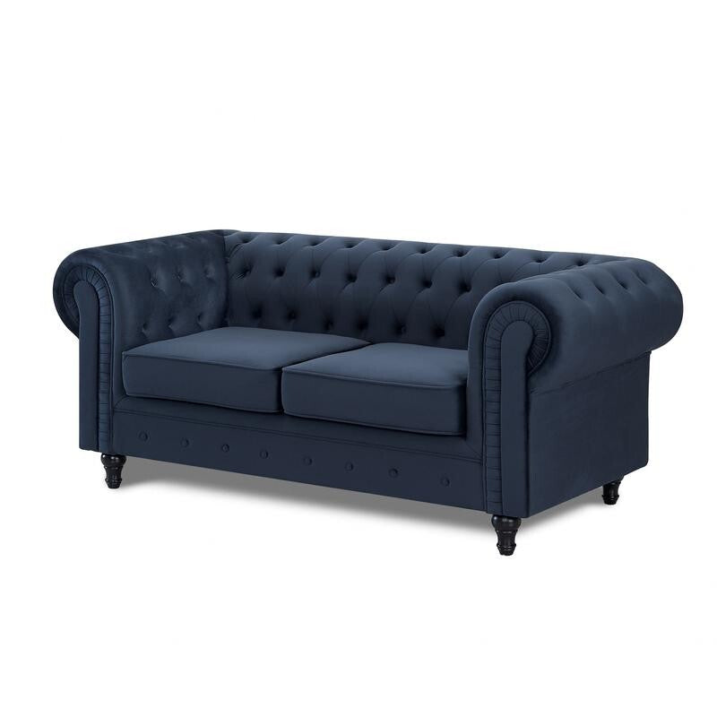 Midnight Blue Velvet Chesterfield Sofa 2 Seater Tufted Scroll Arms Couch