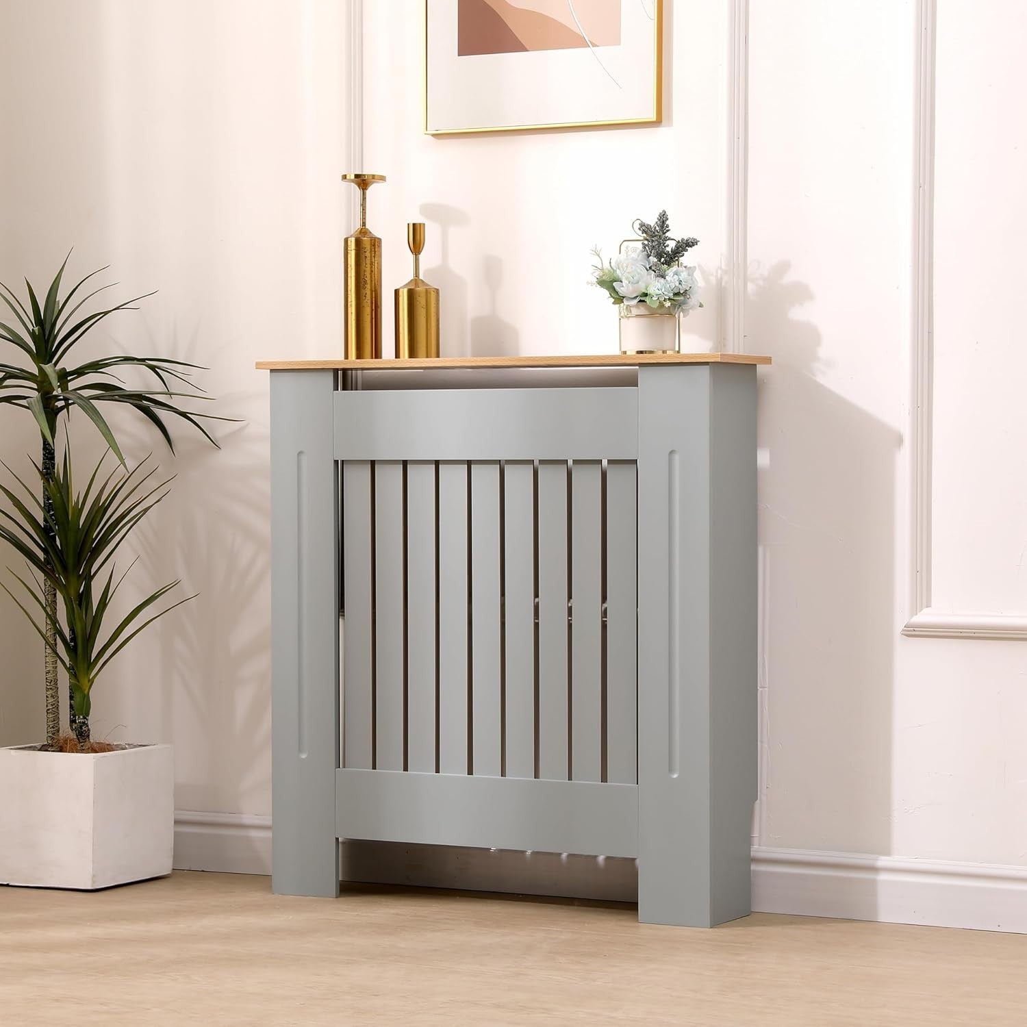 Small Grey Oak Radiator Cover | Modern MDF Vertical Slat Cabinet