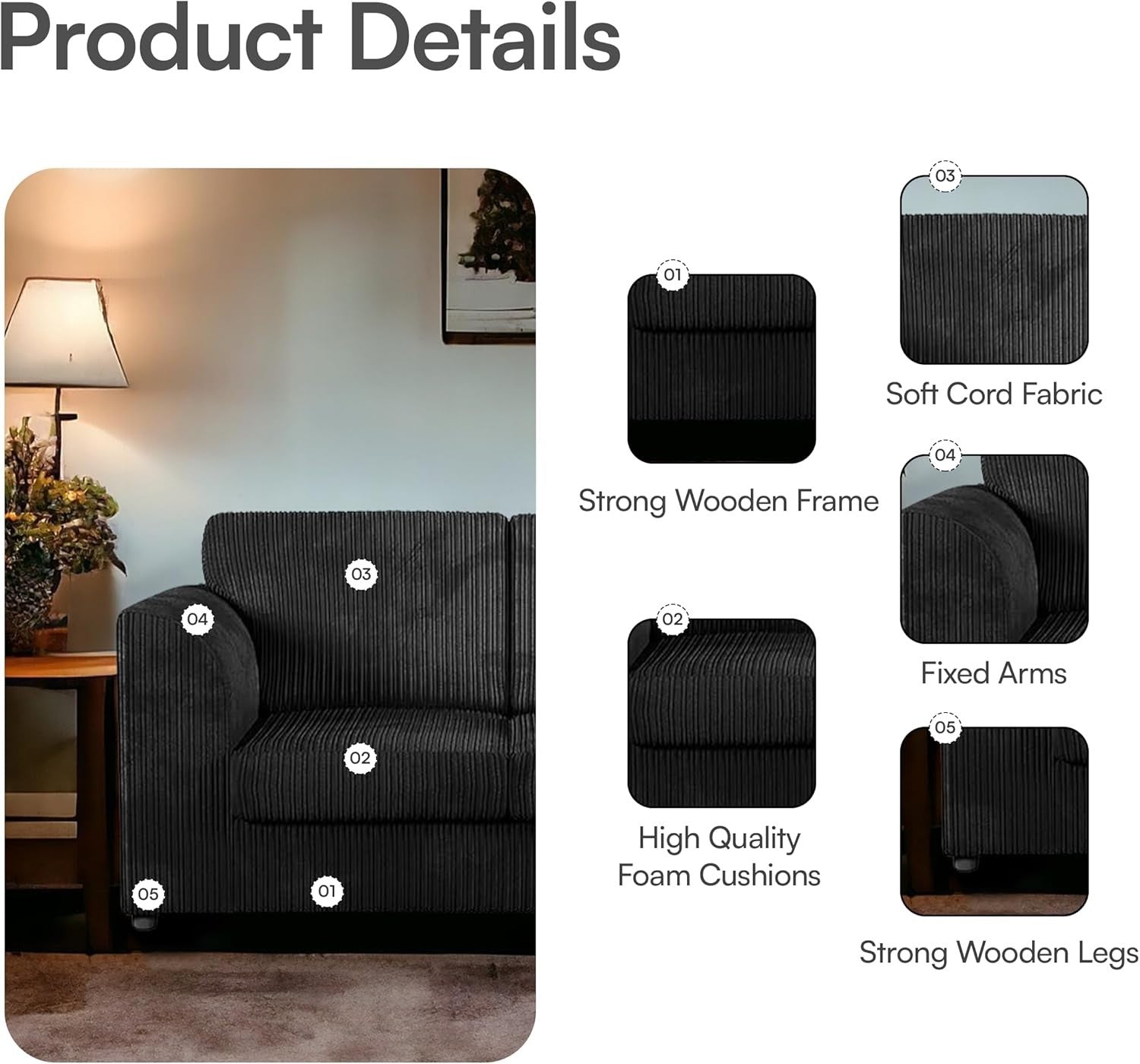 L-Shaped High Back 4-Seater Corner Sofa Black Right Hand Facing Comfort