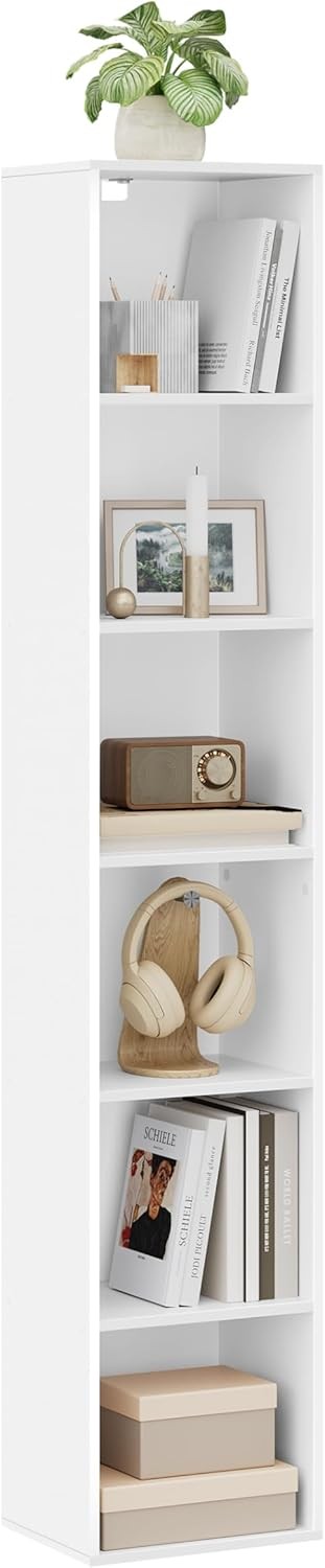 White 6 Cube Tall Bookcase Slim Storage Shelf Unit Modern Standing Display Rack