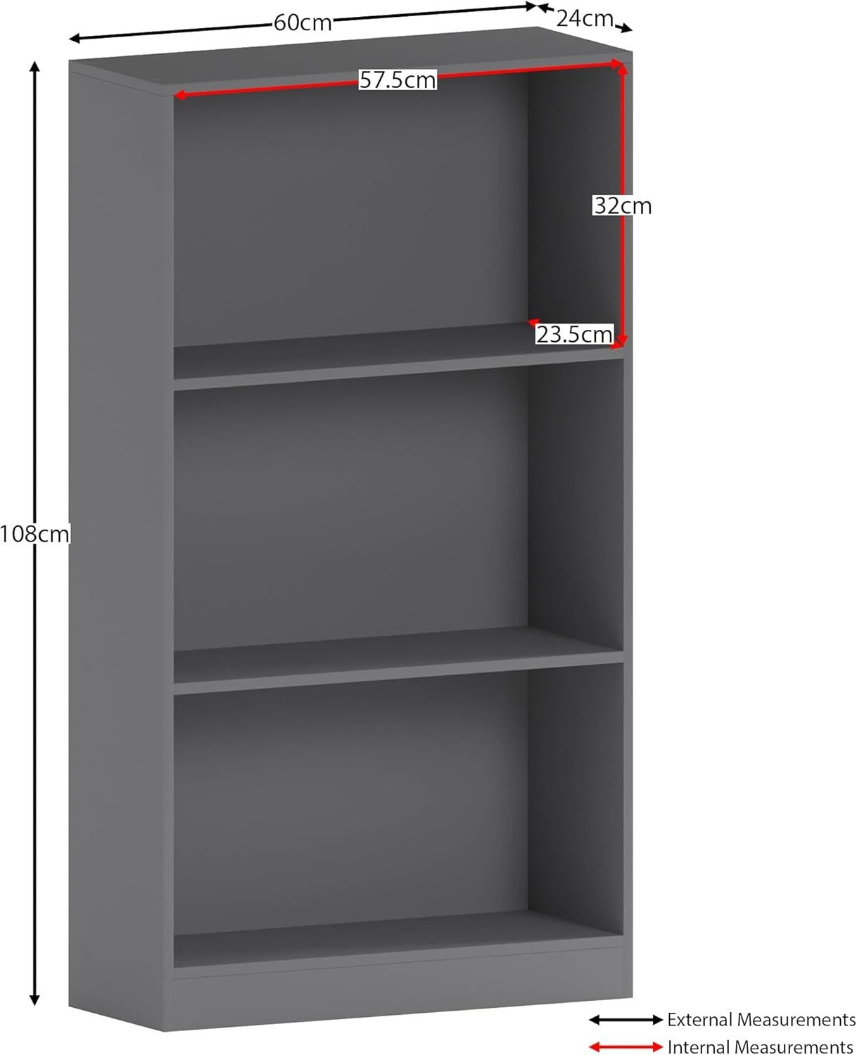 3 Tier Grey Wooden Bookcase Modern Storage Display Shelf for Living Room Medium