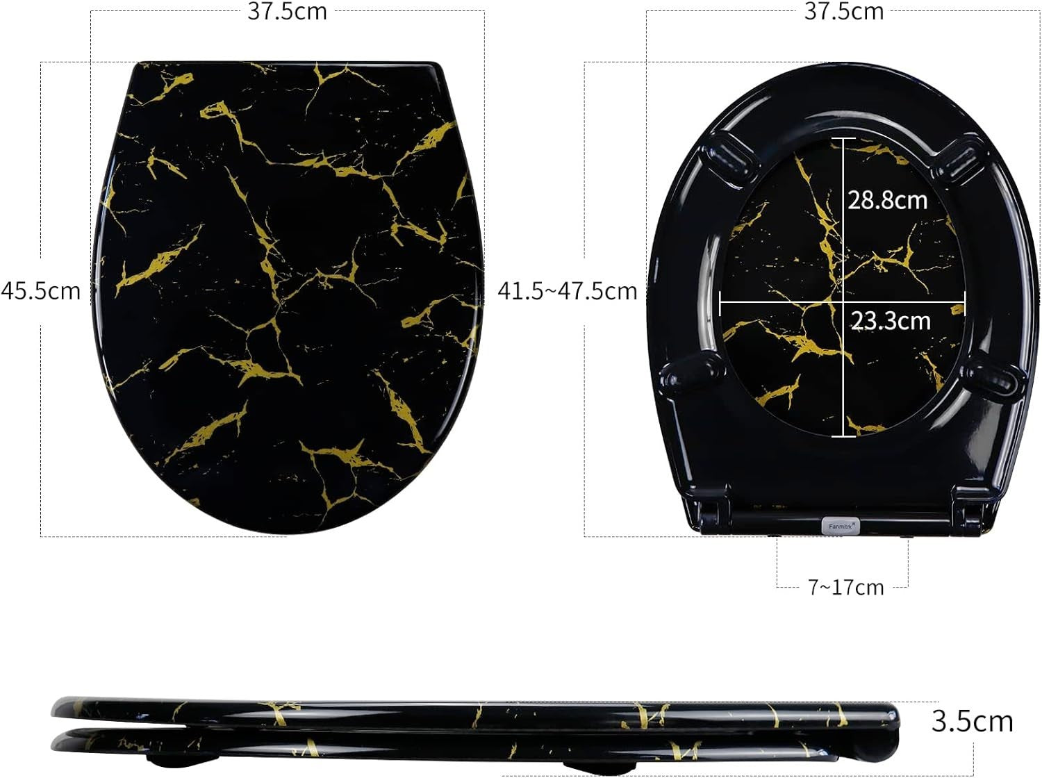 Black Toilet Seat Soft Close Quick Release Gold Glitter Duroplast 45x37cm