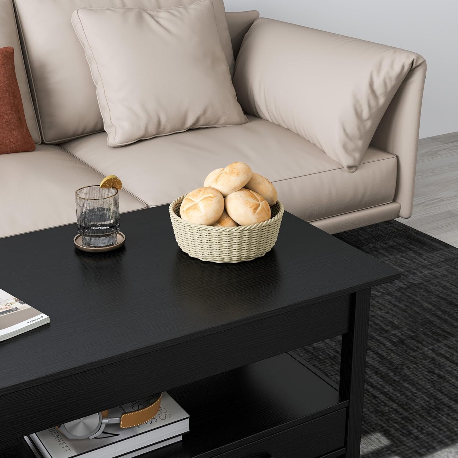Lift-Up Coffee Table with Storage Drawers & Hidden Compartment Black Wood