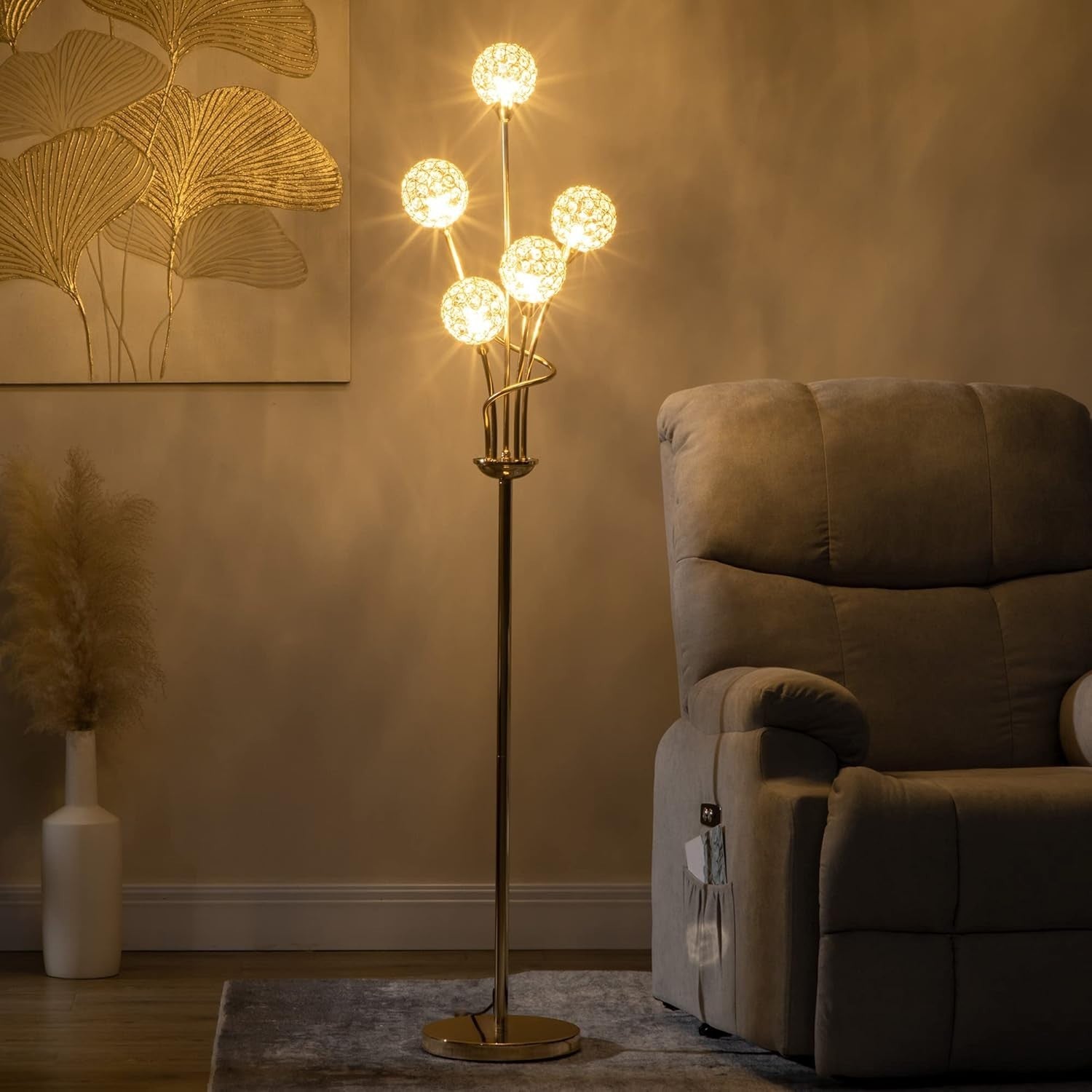 Crystal 5-Light Modern Floor Lamp G9 Elegant Tall Gold Stand for Living Room