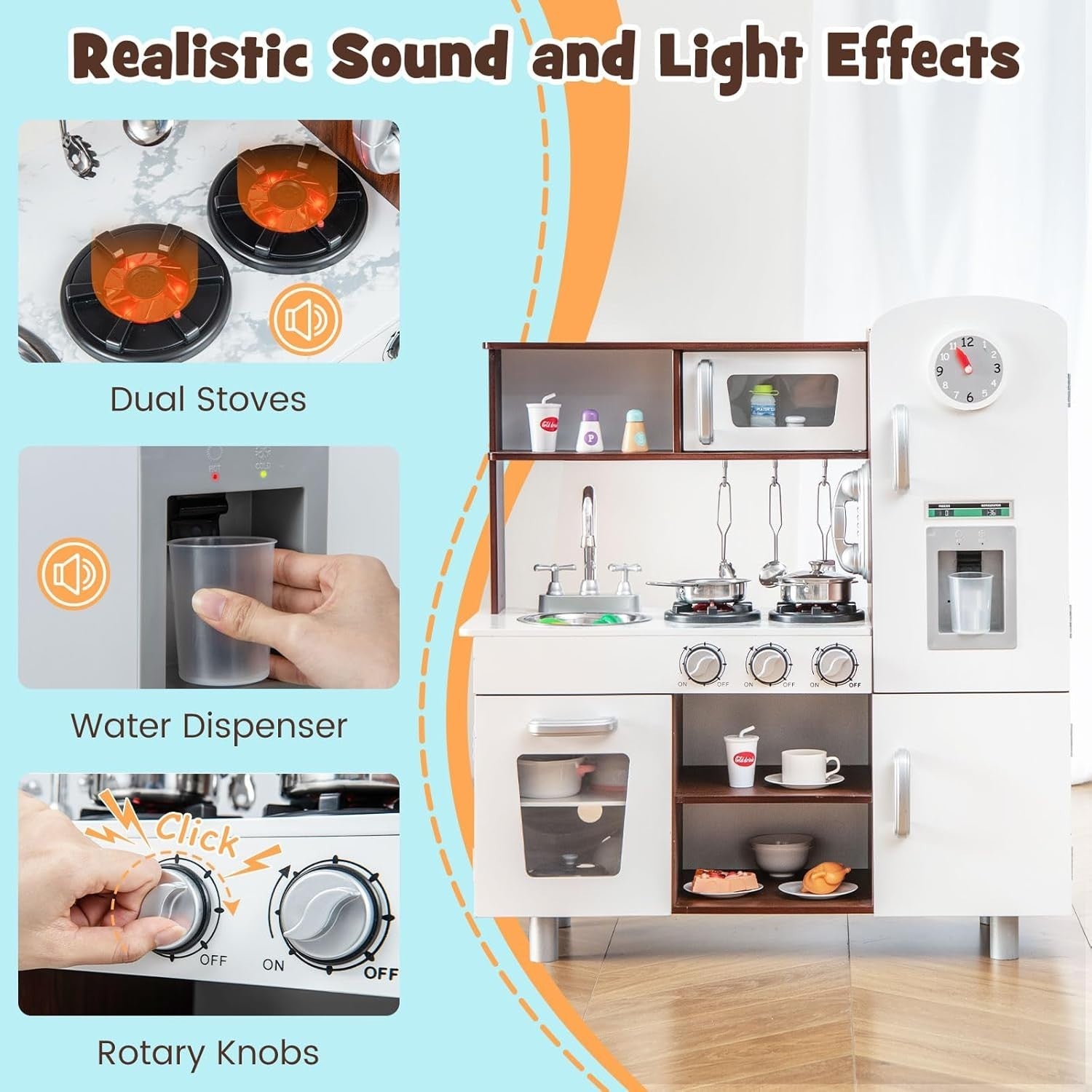 Wooden Kids Play Kitchen Set Light Sound Toy Cooking Role Play Brown