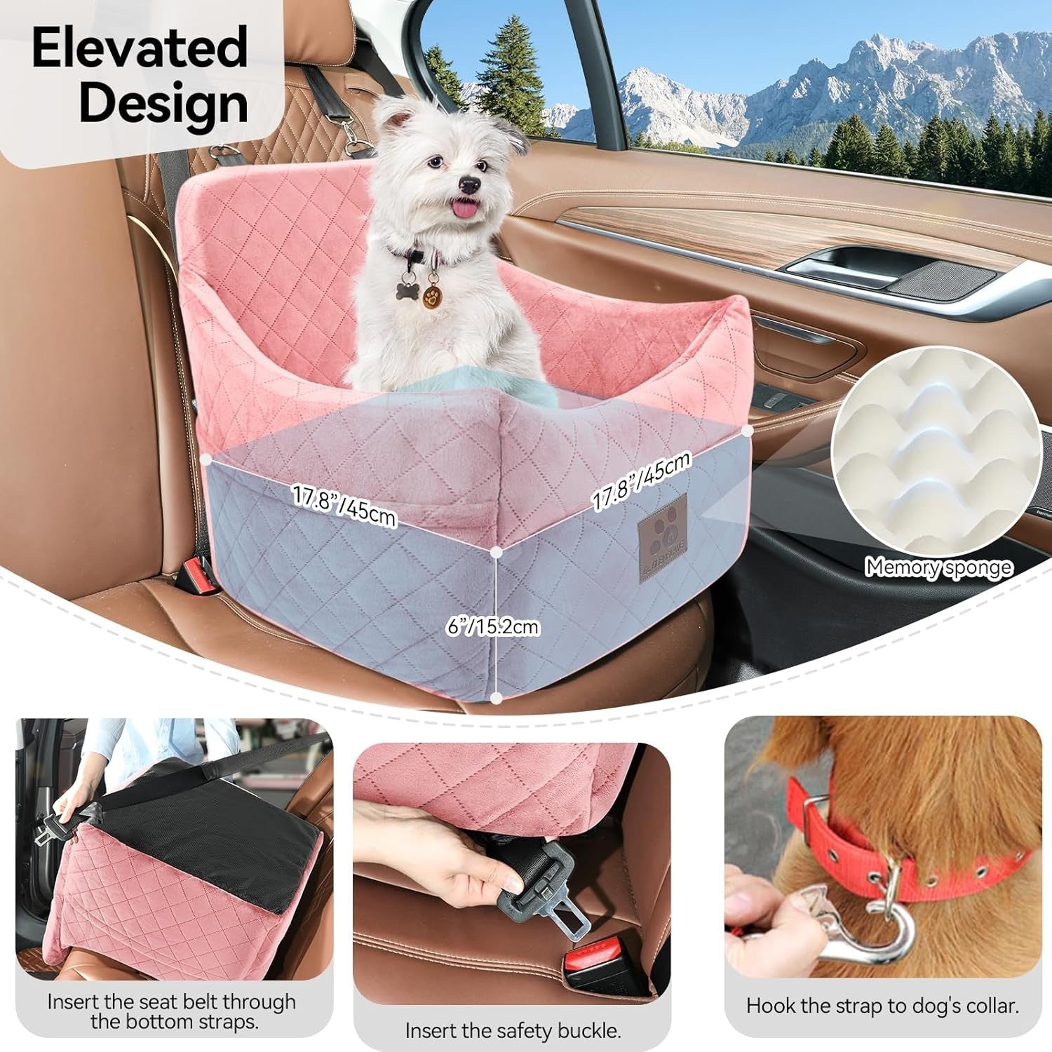 Memory Foam Dog Car Booster Seat Washable Travel Bed 2 Safety Belts