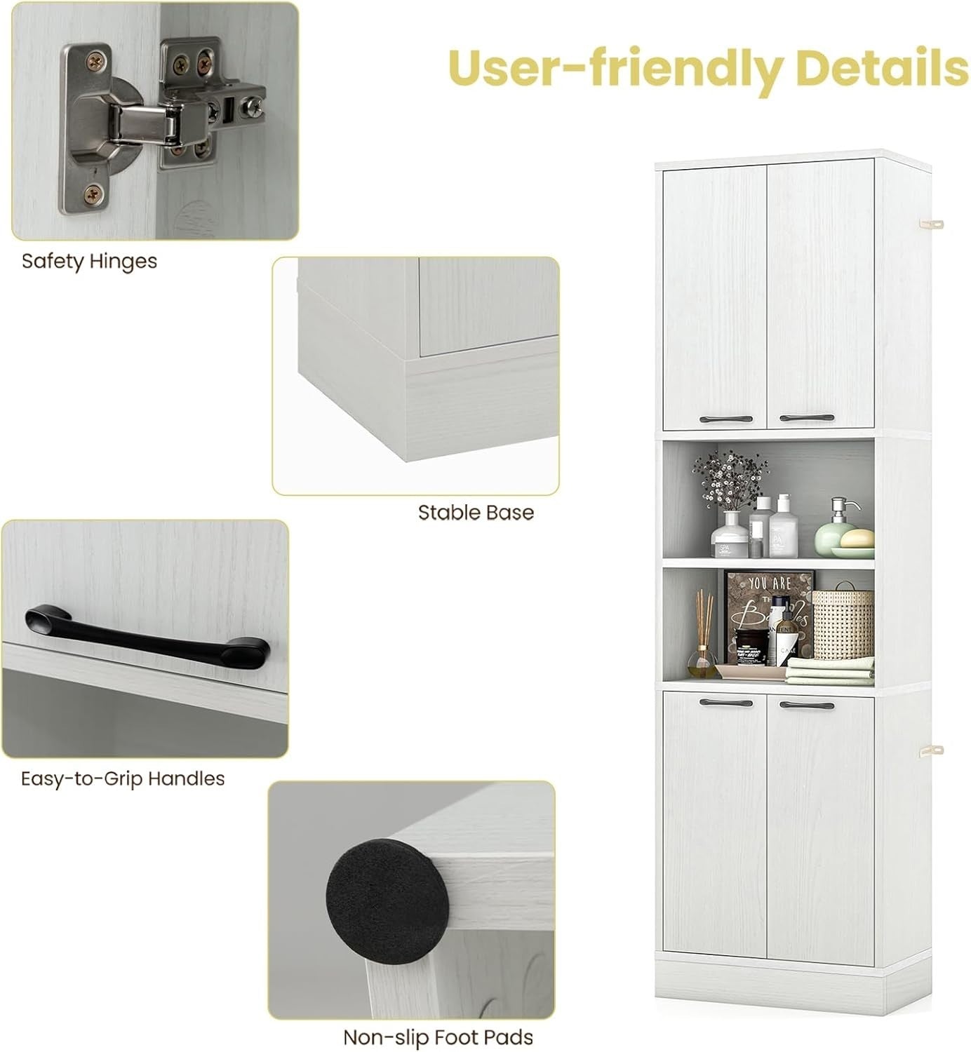 190cm Tall Kitchen Cupboard White Oak 4 Doors Open & Closed Storage Cabinet