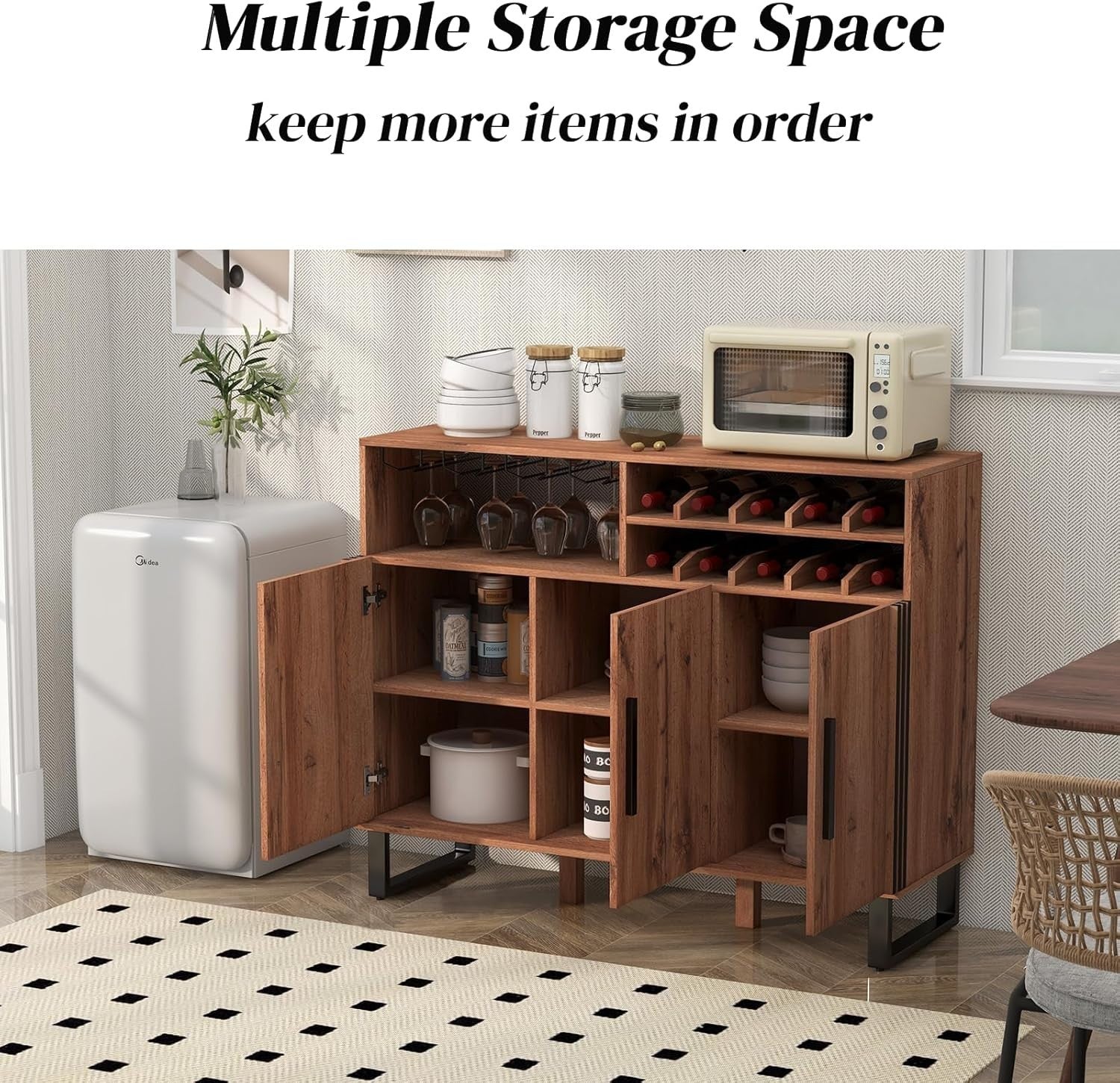 Large Wooden Wine Bar Sideboard Cabinet with Wine Rack & Glass Holder, Rustic