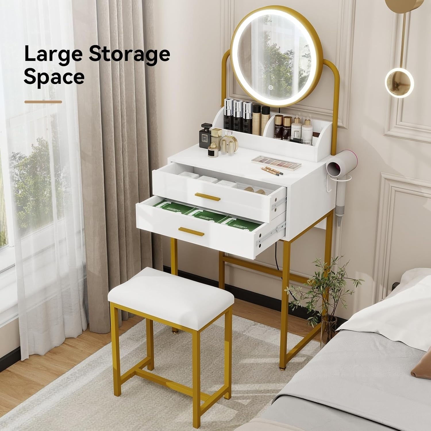 White Gold Vanity Table Set Desk Dresser LED Mirror 2 Drawer Storage Stool