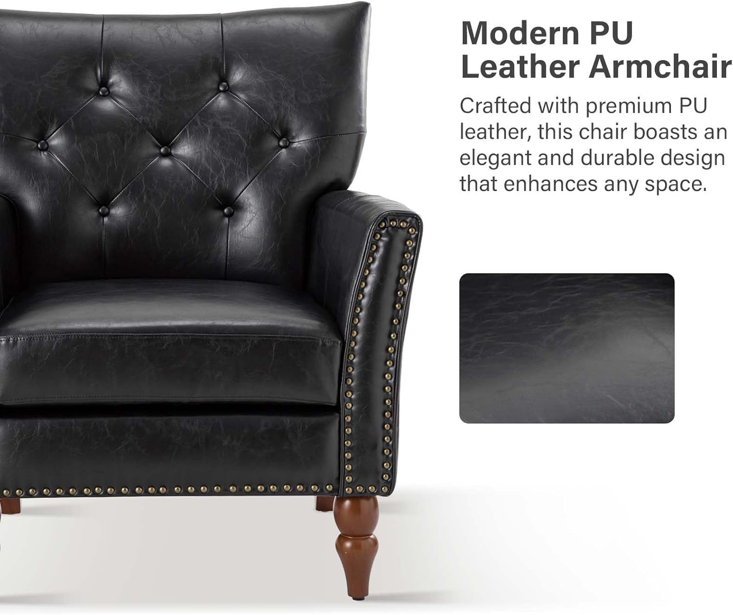 2x Black Faux Leather Tufted Armchairs Nailhead Accent Lounge Chairs Set