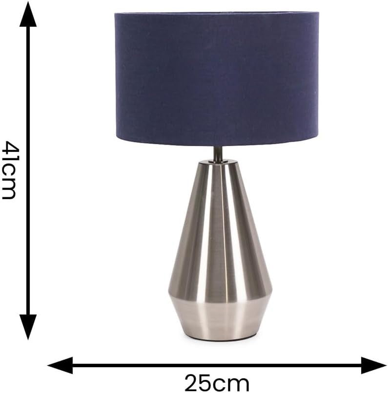 Silver Touch Dimmer Table Lamp Navy Drum Shade Bedside LED Light