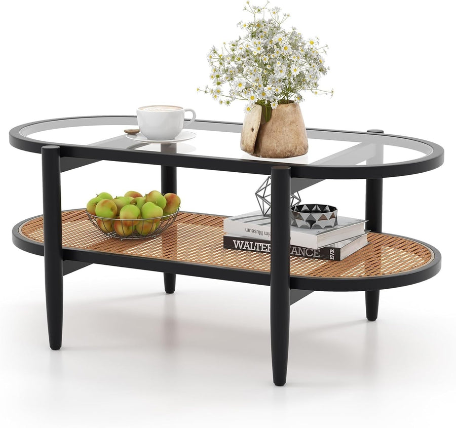 Black Glass Coffee Table with Rattan Shelf – 2-Tier Oval Wood Frame