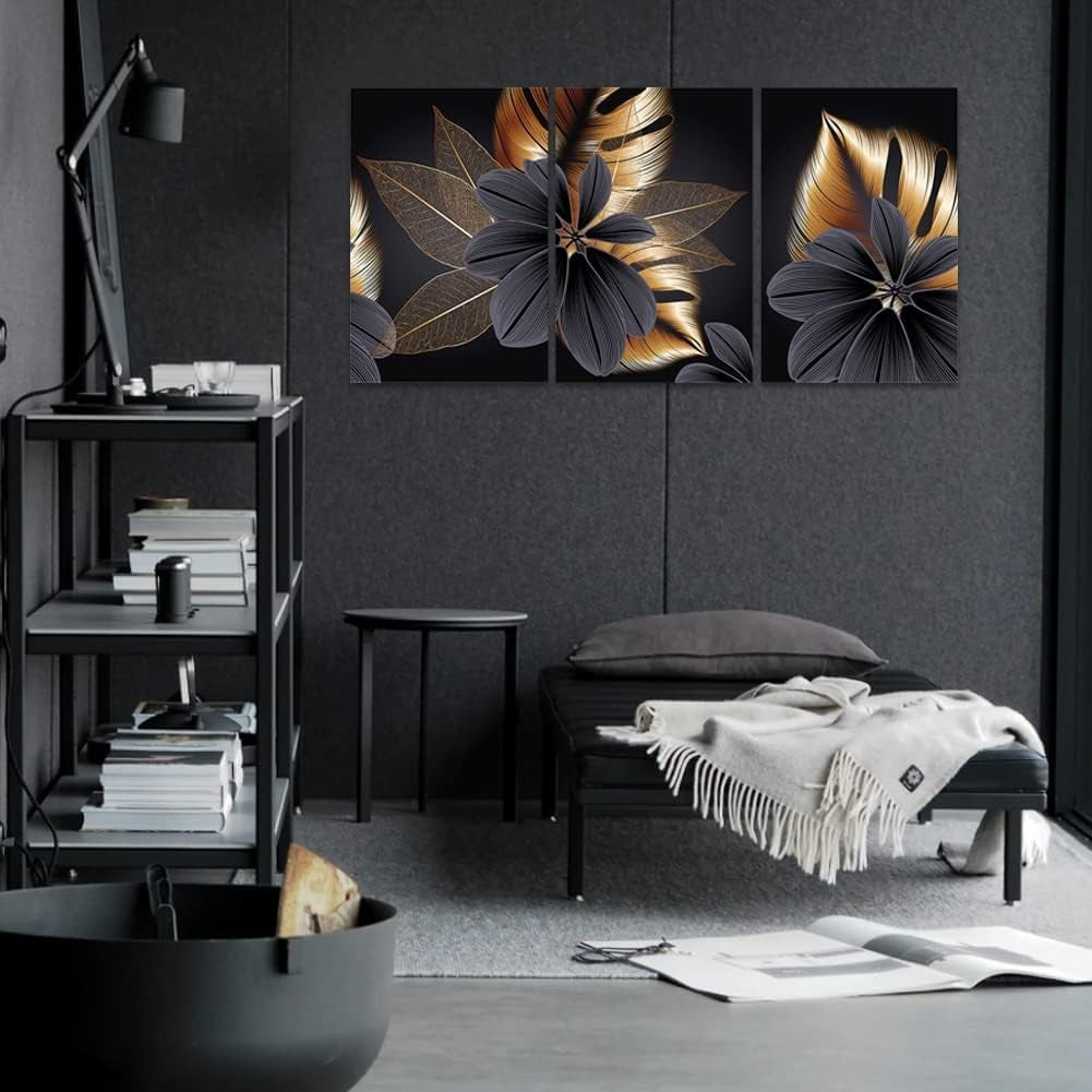 Set of 3 Black Gold Leaf Canvas Wall Art 40x60cm Nordic