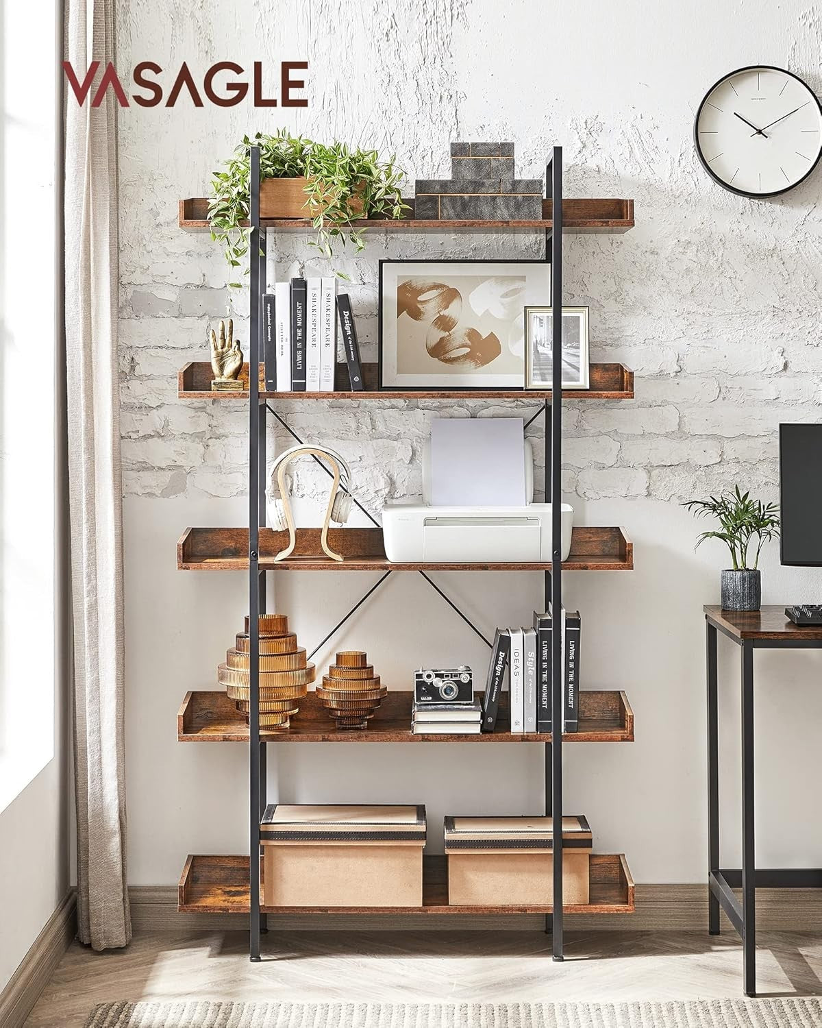 5-Tier Industrial Bookcase Shelving Unit with Tray Shelves, Rustic Brown & Black