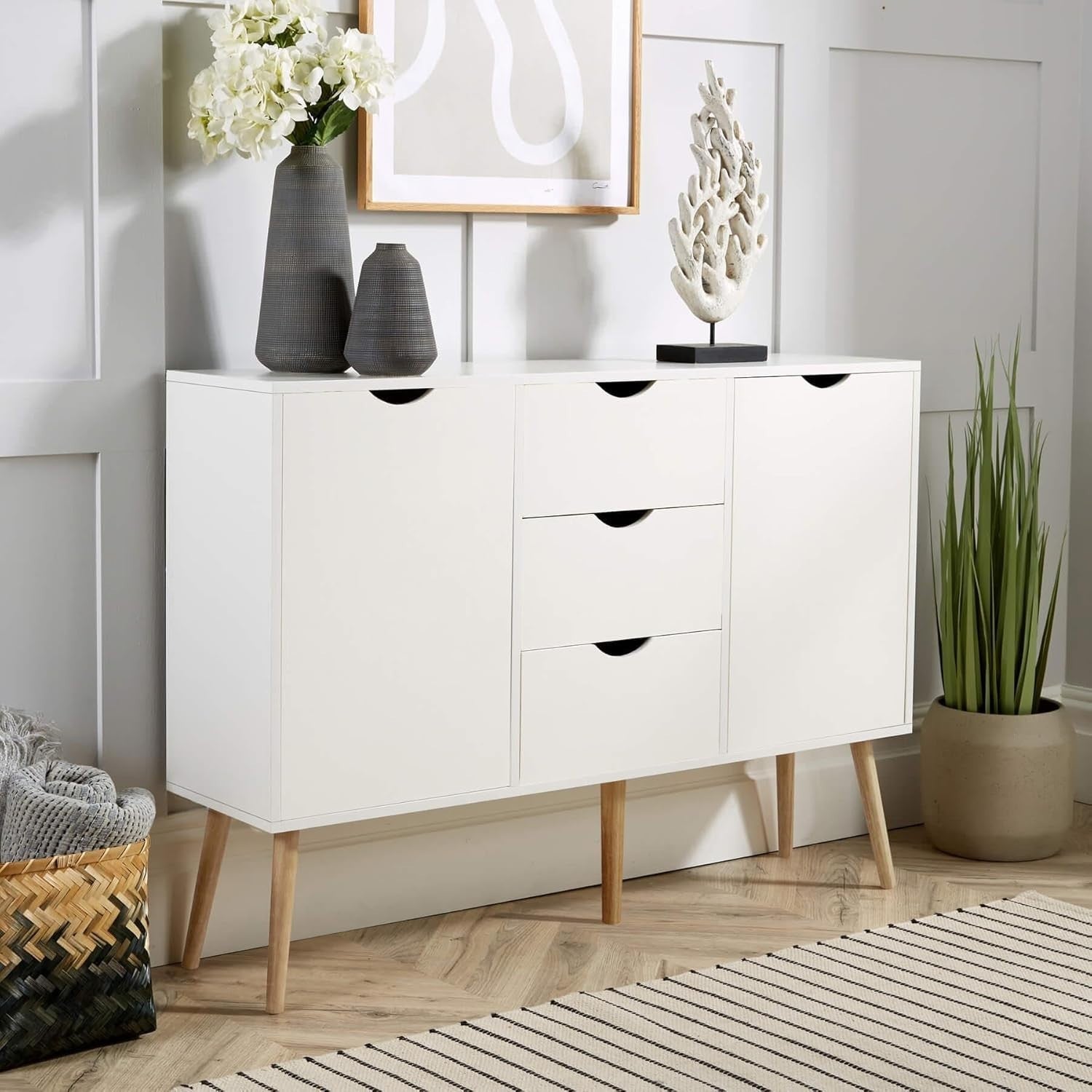 White Scandi Sideboard Cabinet 3 Drawers 2 Doors Solid Wood Legs Storage
