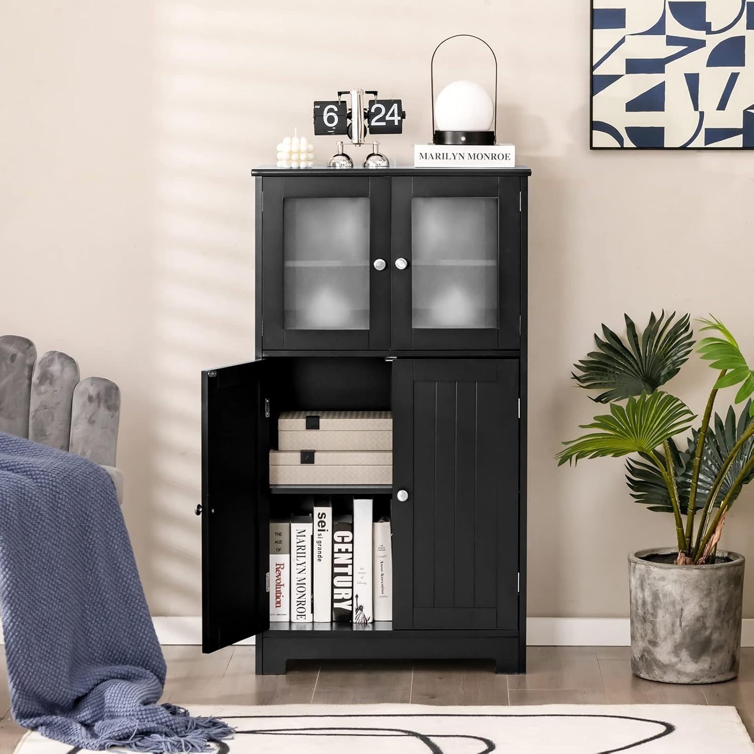 Bathroom Floor Cabinet Freestanding with Tempered Glass & Adjustable Shelves