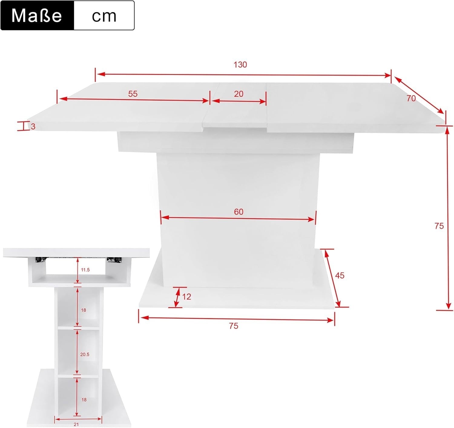 White Extendable Dining Table With Storage, Space Saving 130x70cm
